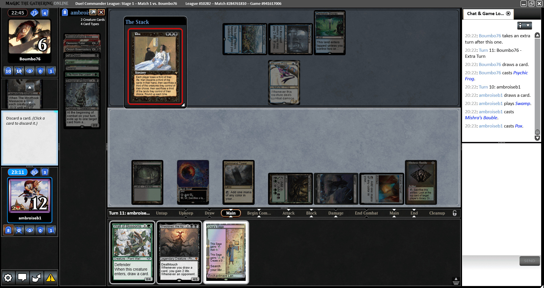 A Duel Commander league game in progress in the Magic: The Gathering Online client